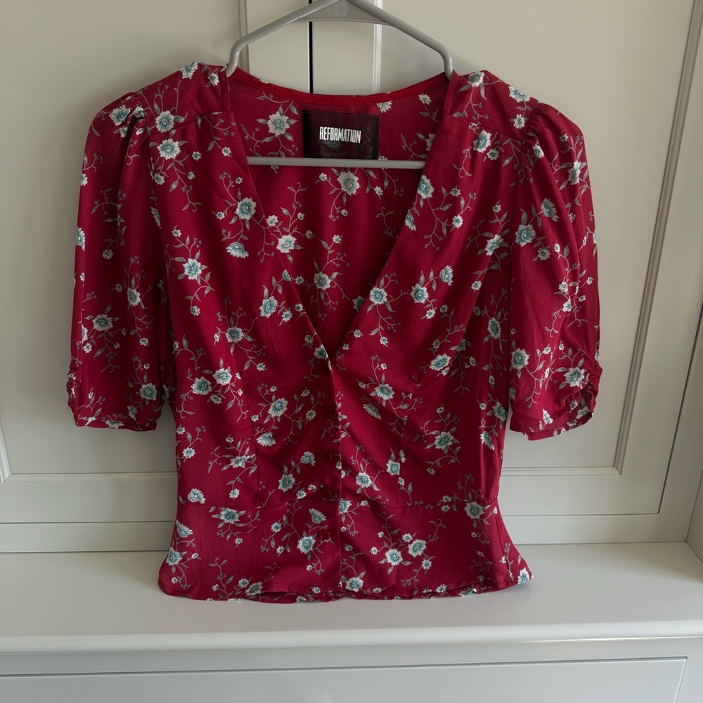 Reformation Red Floral Wrap Blouse